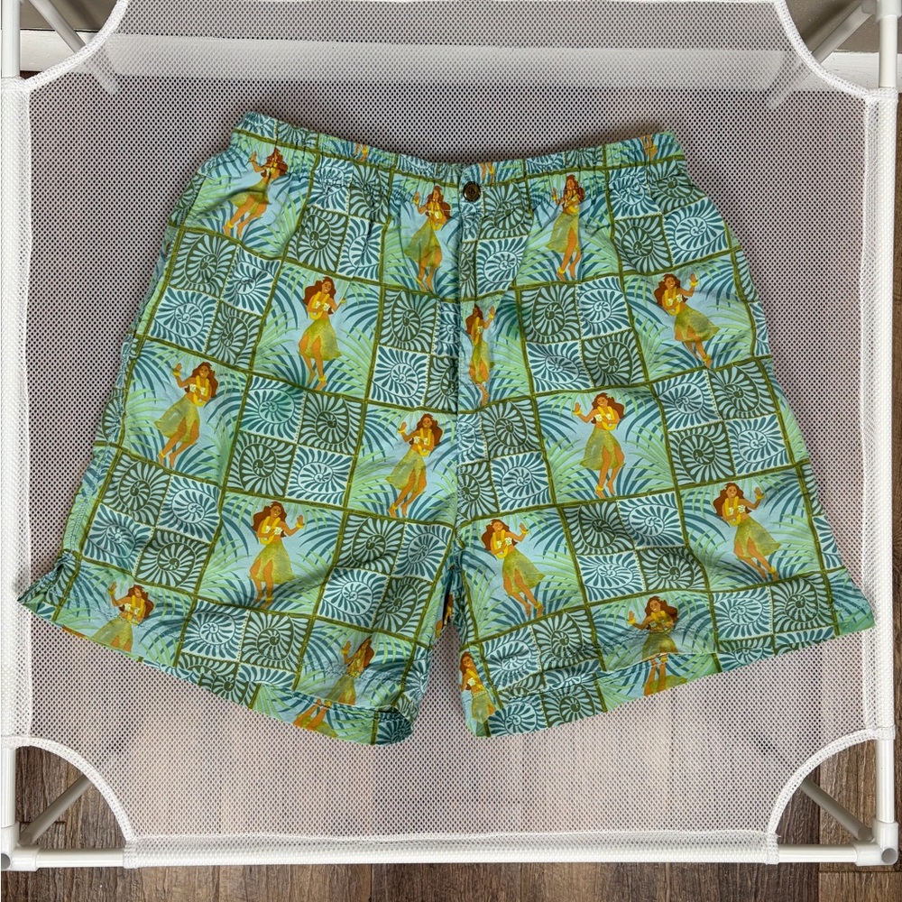 Tommy Bahama Hula Girl Swim Trunks S Blue Green Geometric Mesh Lined Nylon T9318 - Picture 2 of 15